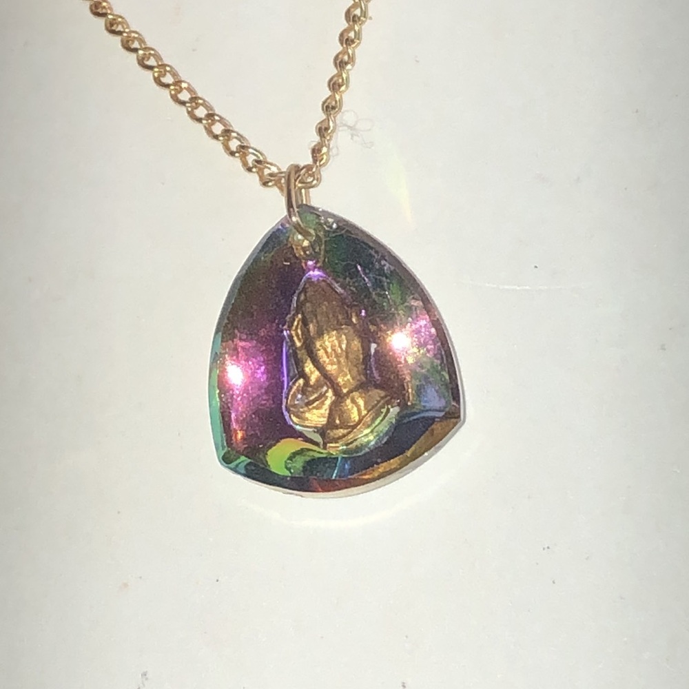 Gold Tone Vintage Hand-Prayer Multicolor Teardrop Pendant Necklace
